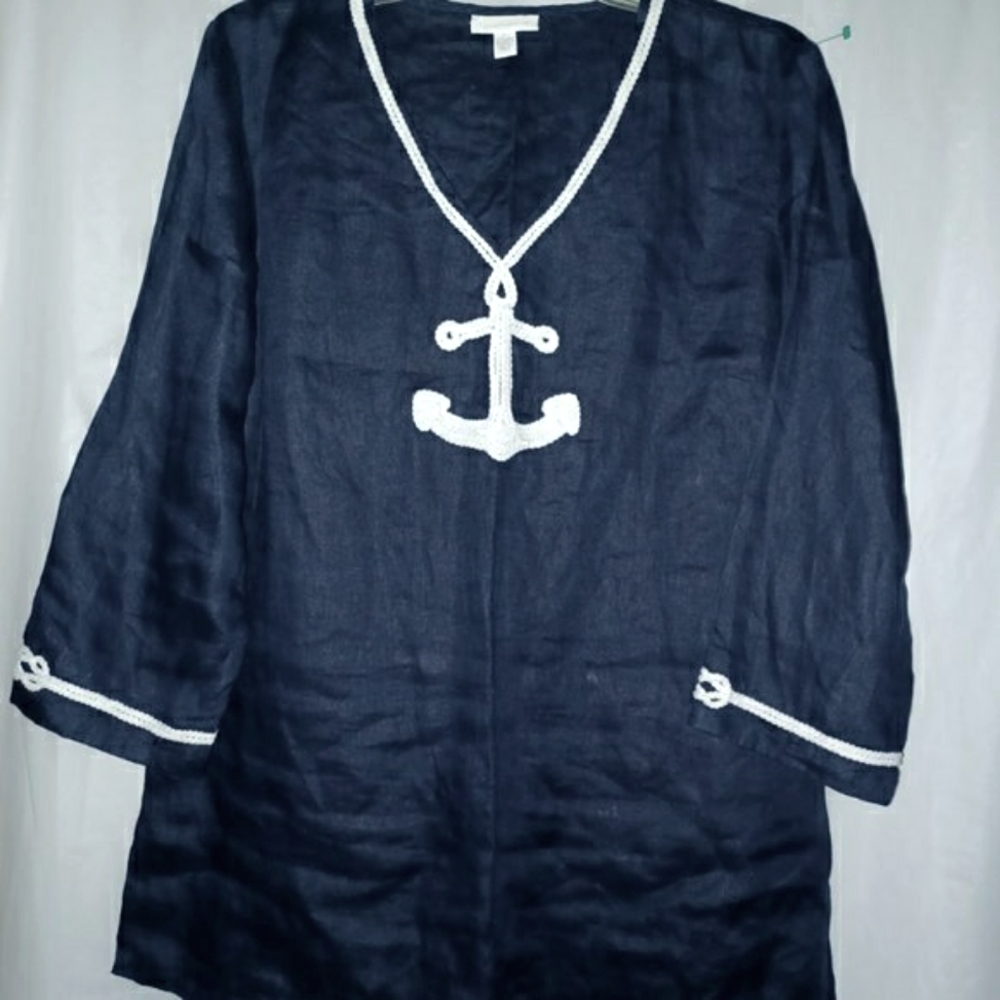 CHARTER CLUB COASTAL NAUTICAL ANCHOR TUNIC BLOUSE 100% LINEN BLUE WHITE LARGE - Picture 2 of 8
